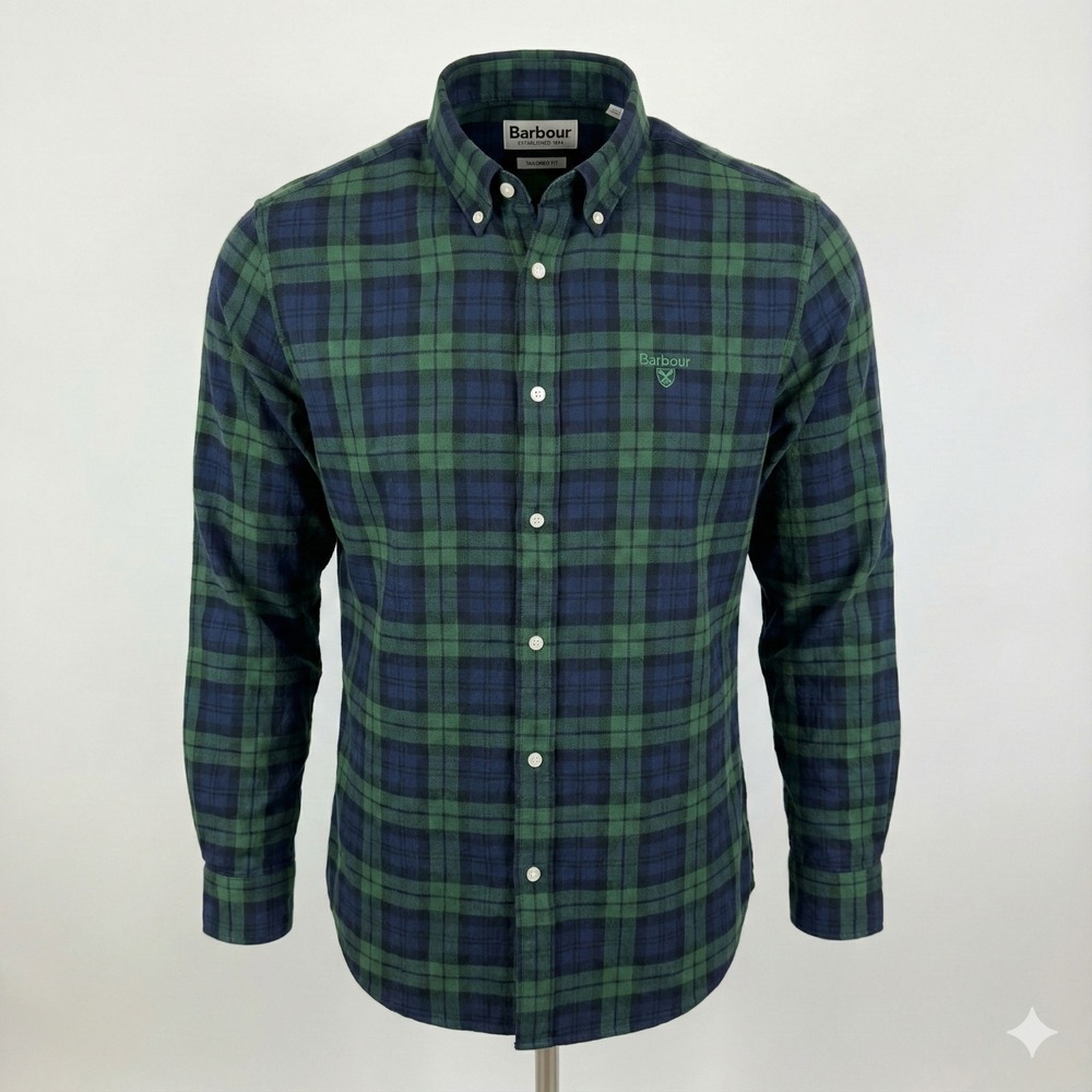 Barbour‎ Men's Shirt XXL 2XL Tartan Plaid Green Navy Tailored Fit Button Down